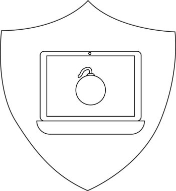 A shield contains a laptop displaying a bomb on its screen indicating cyber security threat