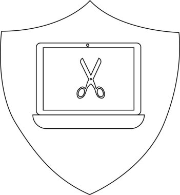 A line drawing of a shield emblem with a laptop displaying scissors on the screen