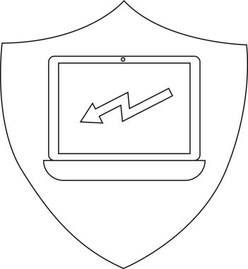 Shielded laptop displays a jagged arrow pointing downward