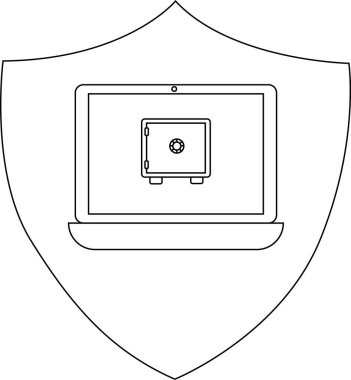 Shield with laptop displaying a safe Symbolizes cyber security or data protection