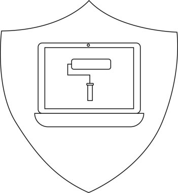 Shield outline containing a laptop with a paint roller on the screen