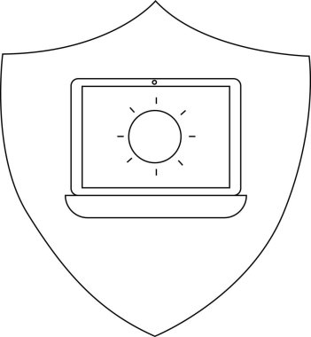 Shield icon containing a laptop screen with sun symbol in its center