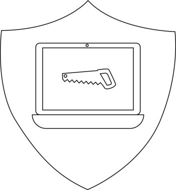 Shield featuring laptop displaying a saw icon