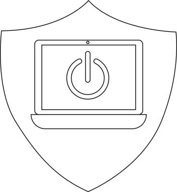 Outline of a laptop with a power symbol inside a shield shape