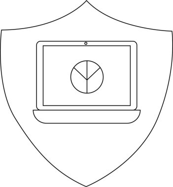Shield containing a laptop displaying a pie chart presented in monochrome