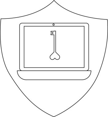 Laptop with heartshaped key inside a shield outlined in black and white