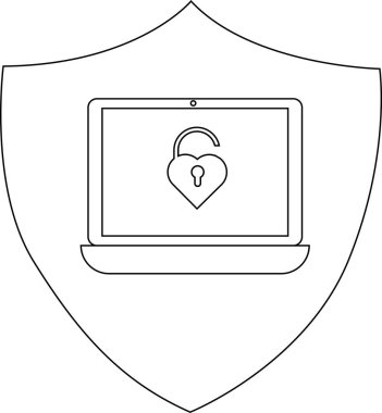 Laptop displays unlocked heart lock within a shield outline