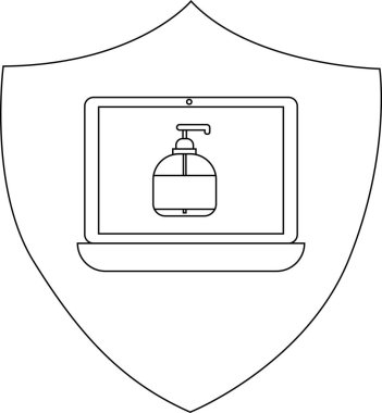 A shield emblem displays a laptop screen featuring a soap dispenser illustration on the screen