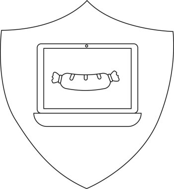 A shield displays a laptop screen with a sausage on it