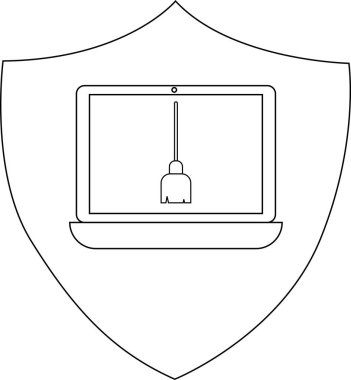 A shield displays a laptop with a cleaning tool on its screen symbolizing tech maintenance