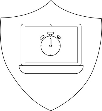 A shield displays a laptop its screen showing a stopwatch creating a symbolic image