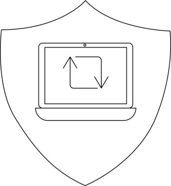 A laptop with a cyclic arrow on its screen centered within a shield outline