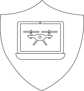A laptop screen displays a drone inside a shield outline