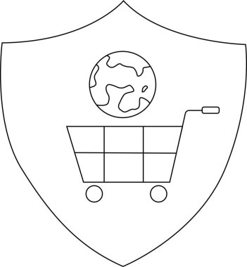 Shieldenclosed globe above shopping cart simple line art