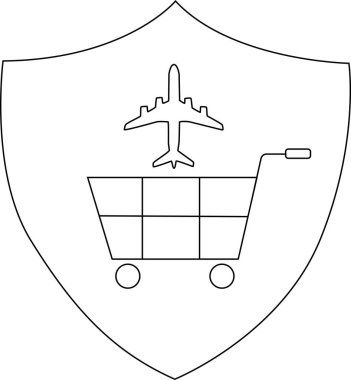 Outlined design of a shopping cart with an airplane above enclosed within a shield outline