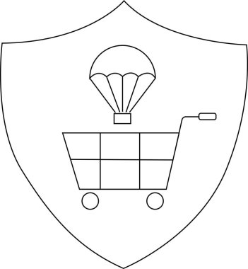 A shield contains a shopping cart with a parachute above it both rendered in simple black lines