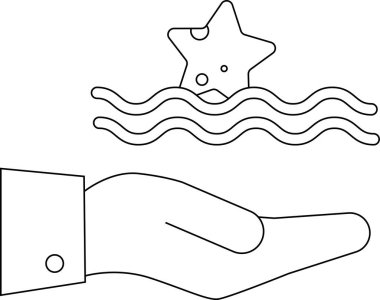 Üzerinde deniz yıldızı olan okyanus dalgalarını tutan bir el çizimi.