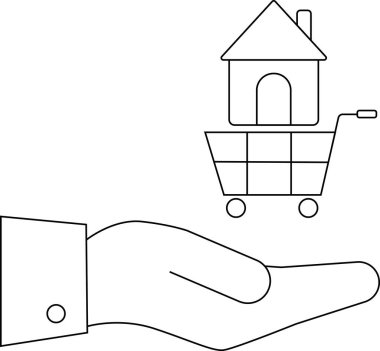 Bir alışveriş arabasının altında bir ev taşıyan stilize edilmiş bir avuç içi kadar açık el.