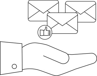 Çemberin içinde başparmak işareti olan posta simgelerini sunan bir el