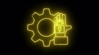 Parlak sarı neon sanat eseri. Bir elde açık asma kilit. Hepsi siyah arka planda.