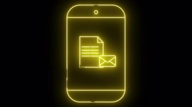 Sarı neonstyle akıllı telefon hattı siyah arkaplan karşısında bir belge ve zarf simgesi gösterir