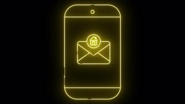 Sarı neon benzeri akıllı telefon çizgisi, içinde ev olan bir zarf simgesini koyu bir arkaplanda görüntülüyor.