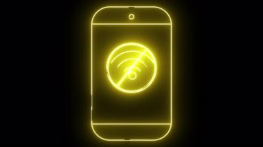 Sarı neon, siyah arkaplana karşı kablosuz bir sembolü olan akıllı bir telefon çiziyor