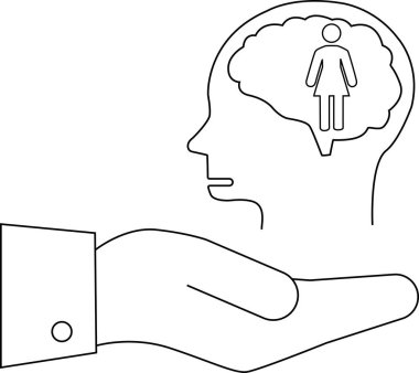 Kafasında beyin figürü olan bir kadın resmi var. Üstünde de takım elbiseli bir kadın.