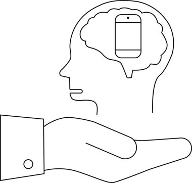 Çizgi sanatı, beyni takım elbiseli bir elle tutulan bir kafayı betimliyor.