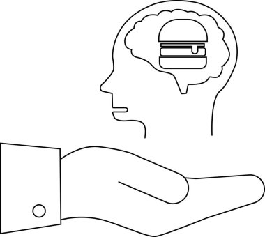 Çizgi çizimleri, kafanın içinde bir burgerin olduğunu gösteriyor.