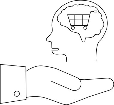 Beyninde alışveriş arabası olan bir kafa, düğmeli bir kelepçeyle açık bir elin üzerinde duruyor.