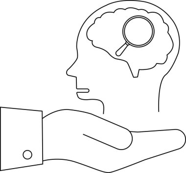 Bir el, içinde beyin büyüteç bulunan bir ana hatları tutar.