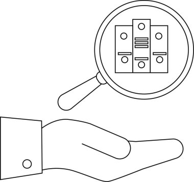 Dosya dizinlerini vurgulayan bir büyüteç sunan bir elin çizgi çizimi