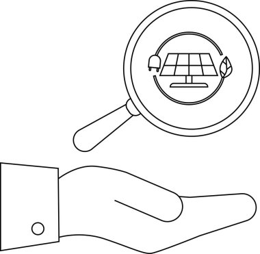 Güneş paneli yaprağı ve dolgu sembolü üzerinde büyüteç tutan eller