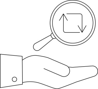 Bir çizgi, takas veya ticareti gösteren oklar üzerine odaklanmış bir büyüteç altında bir el gösteriyor.