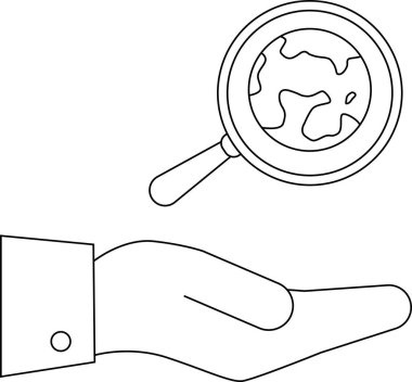 Dünya haritasını gösteren bir büyüteç sunan bir el.