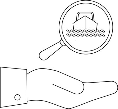 Bir el, suyun üzerindeki bir gemiyi gösteren bir büyüteç tutuyor.