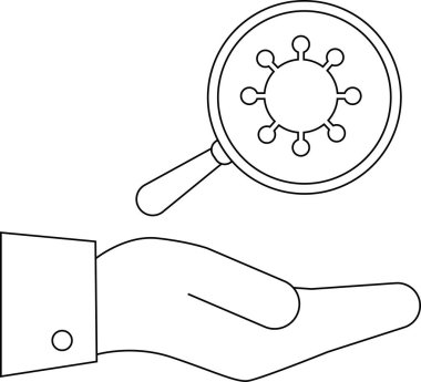 Bir el, virüs ya da bakteri sembolü üzerinde büyüteç taşır.
