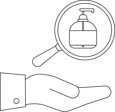 Bir el, sabun makinesine odaklanan bir büyüteç tutuyor.