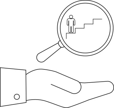 Merdiven çıkan birini gösteren bir büyüteç tutan bir el.