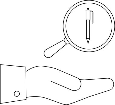 Kalemin üzerinde büyüteç tutan bir el.