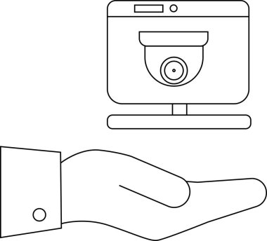 Ekranda bir güvenlik kamerası simgesi olan bir monitörü tutarken
