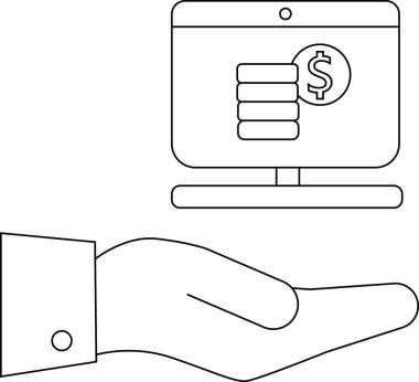 Bir çizgi çizimi, çevrimiçi veya dijital para aktarımı öneren bir bilgisayar ekranı sunan bir eli gösterir
