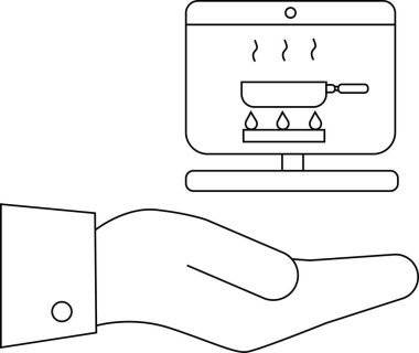 Gaz ocağında pişen tavayı gösteren bir bilgisayar ekranını destekleyen bir el