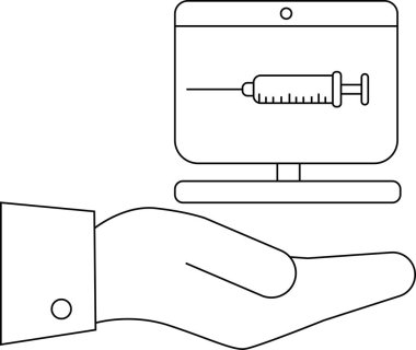 Ekranda şırınga olan bir el, dijital sağlık hizmetlerini gösteren bir monitörü tutuyor.