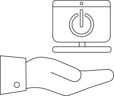 Bir el ekranda güç sembolü olan bir bilgisayar monitörünü tutar Siyah çizim