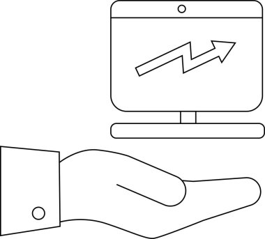 Takım elbiseli bir elin üstündeki grafikle yükselen bir bilgisayar monitörü.
