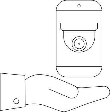 Bir güvenlik kamerası simgesini gösteren akıllı telefonu sunan el.