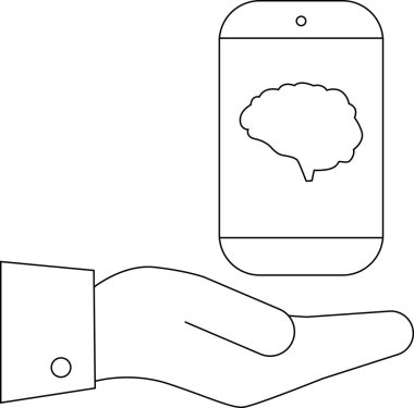 Ekranında bir beynin görüntüsünü gösteren telefonu tutan bir el çizimi.