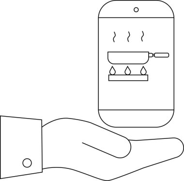 Fırında tava resmi olan bir telefonu tutan bir el.
